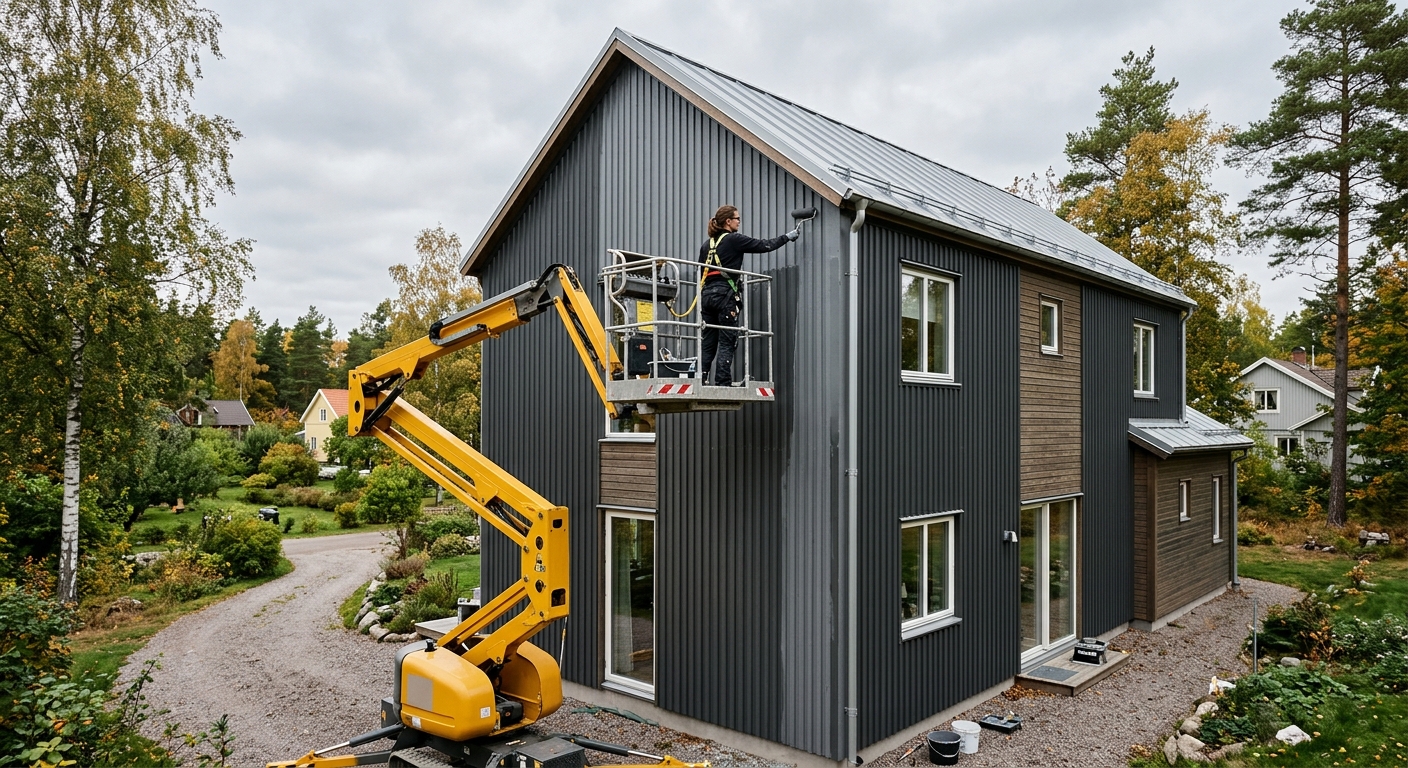 Lift vid målning av hög plåtfasad på villa