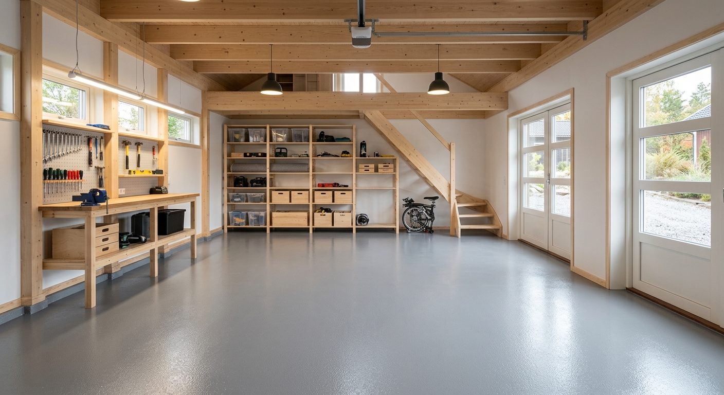 Nymålat garagegolv med jämn grå yta och tydlig arbetsbelysning