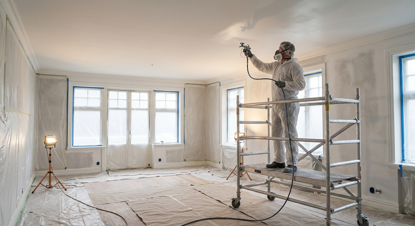 Professionell målare sprutmålar ett skyddstäckt innertak
