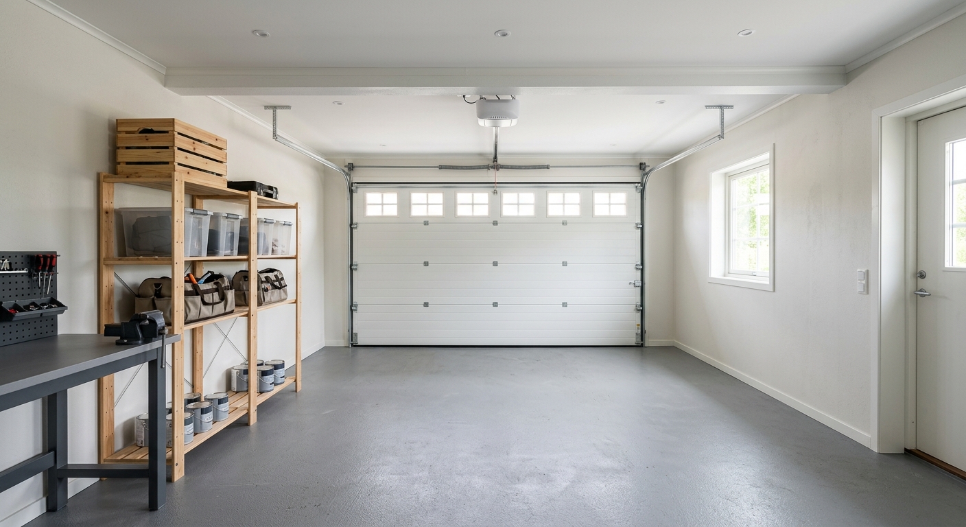 Nymålat ljust garage med grått betonggolv och garageport