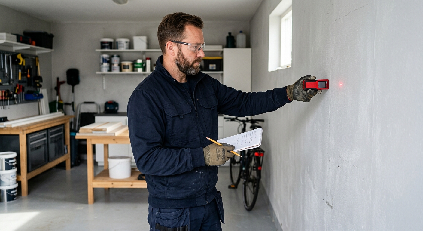 Målare som mäter garagevägg inför offert och målning