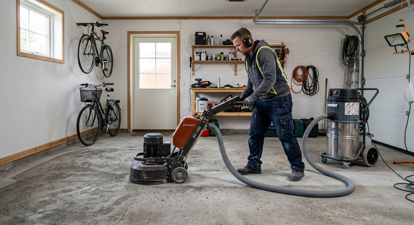 Förarbete med slipning av ett betonggolv inför målning