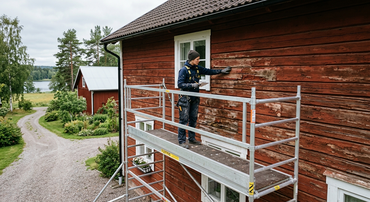 Träfasad där målare planerar målningsarbete från ställning