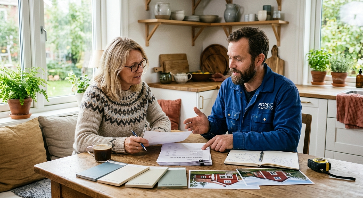 Husägare och målare som går igenom en detaljerad målerioffert
