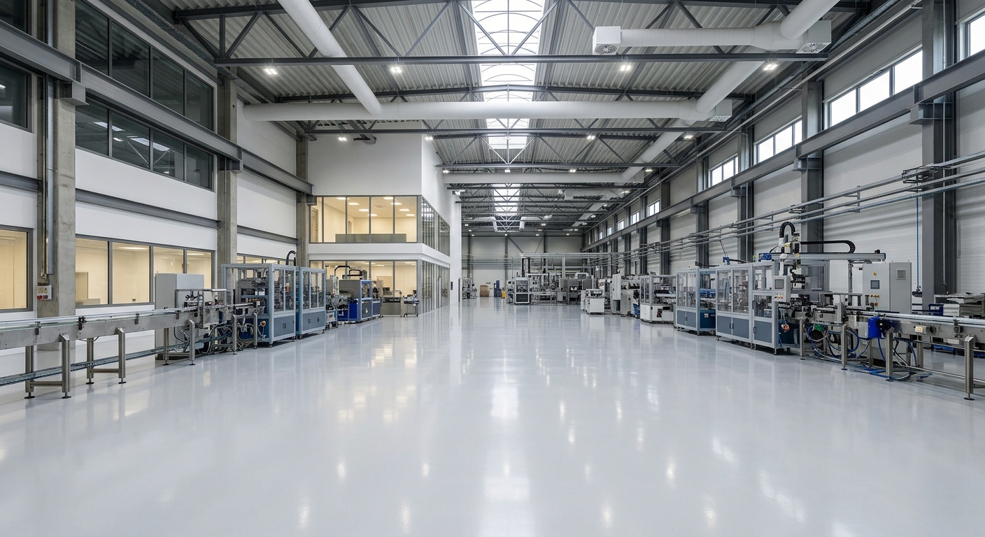 Slät epoxibeläggning i modern produktionslokal
