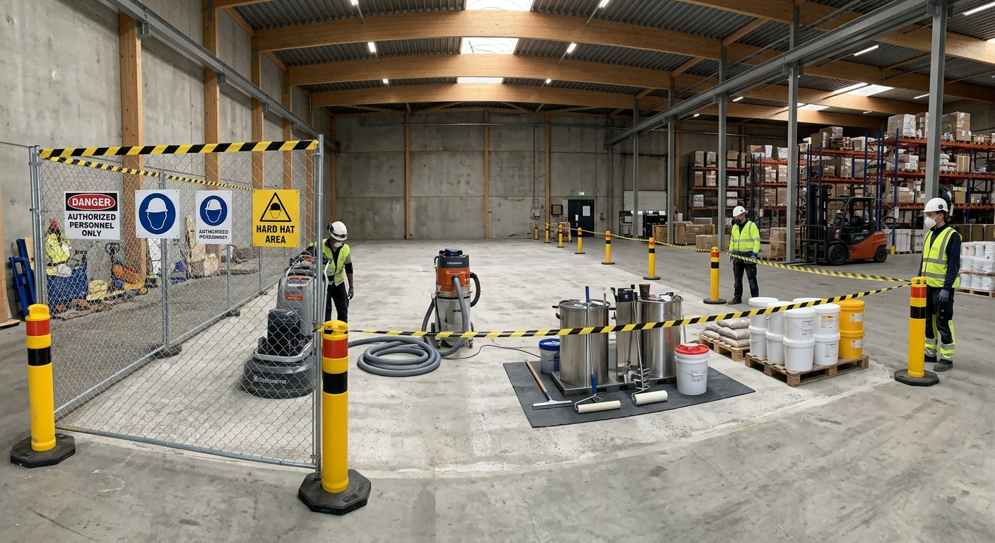 Avspärrad industrilokal under installation av fogfritt golv