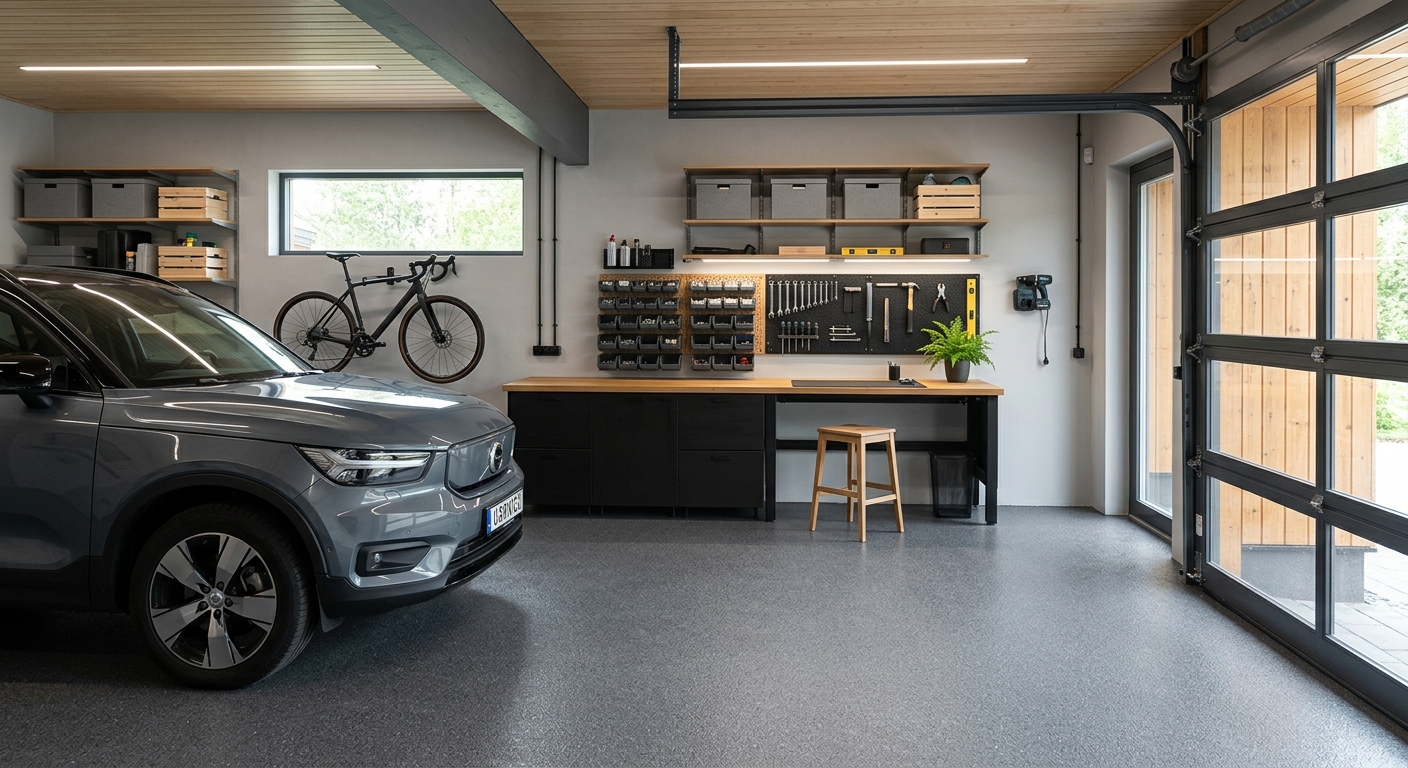 Färdigt mörkgrått epoxigolv med halkskydd i ett välordnat garage