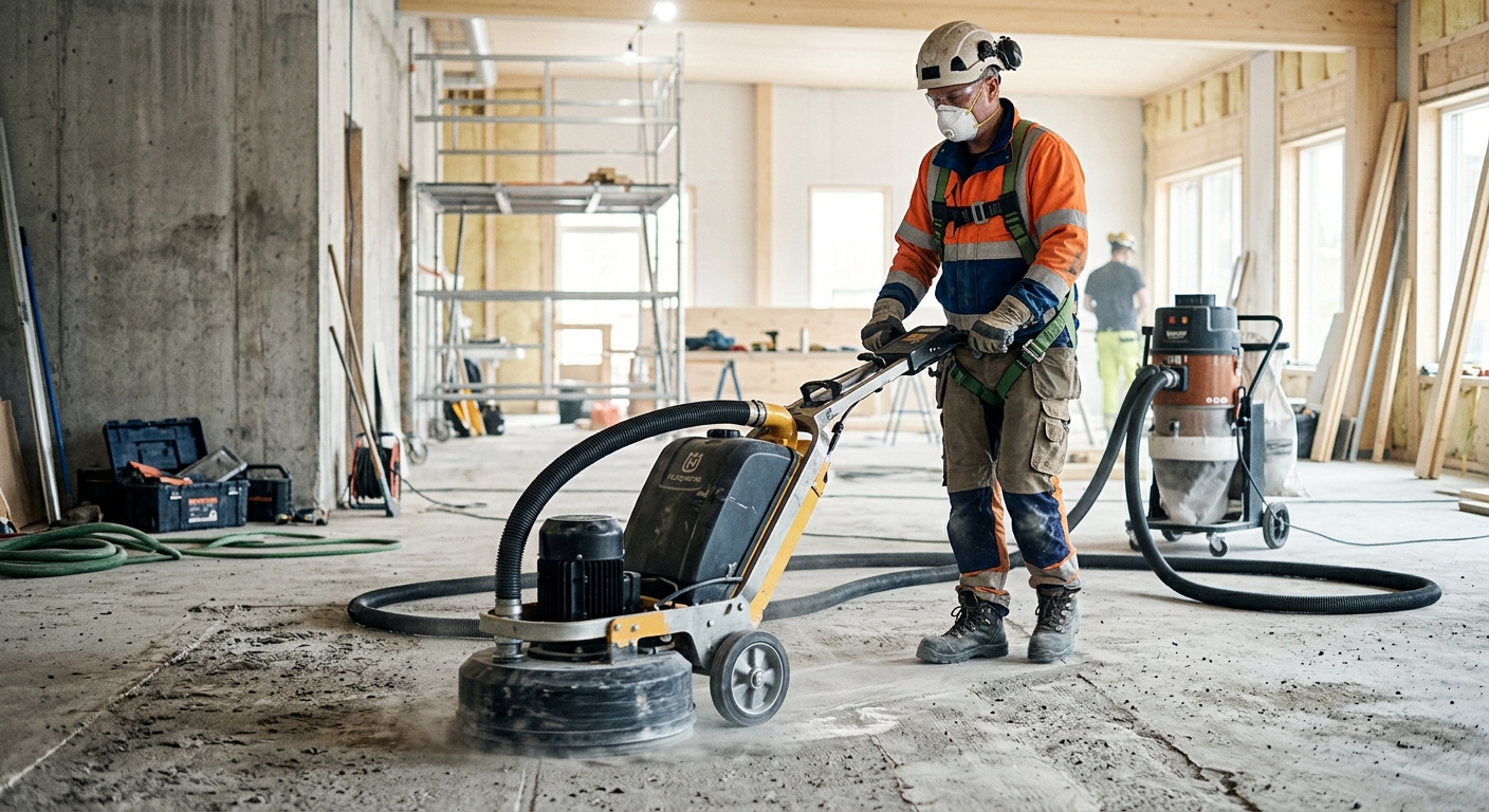 Professionell golvsanerare som bearbetar betonggolv med dammuppsamlande golvmaskin