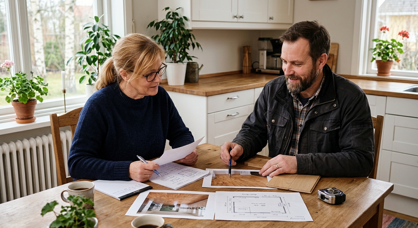 Husägare och golvfackman granskar ritning och foton av ett golv inför offert