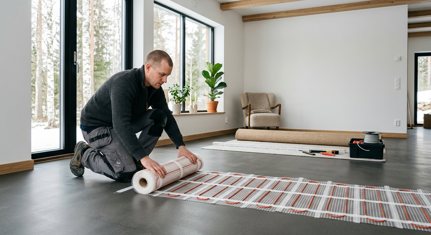 Elektrisk värmematta utrullad på jämnt underlag