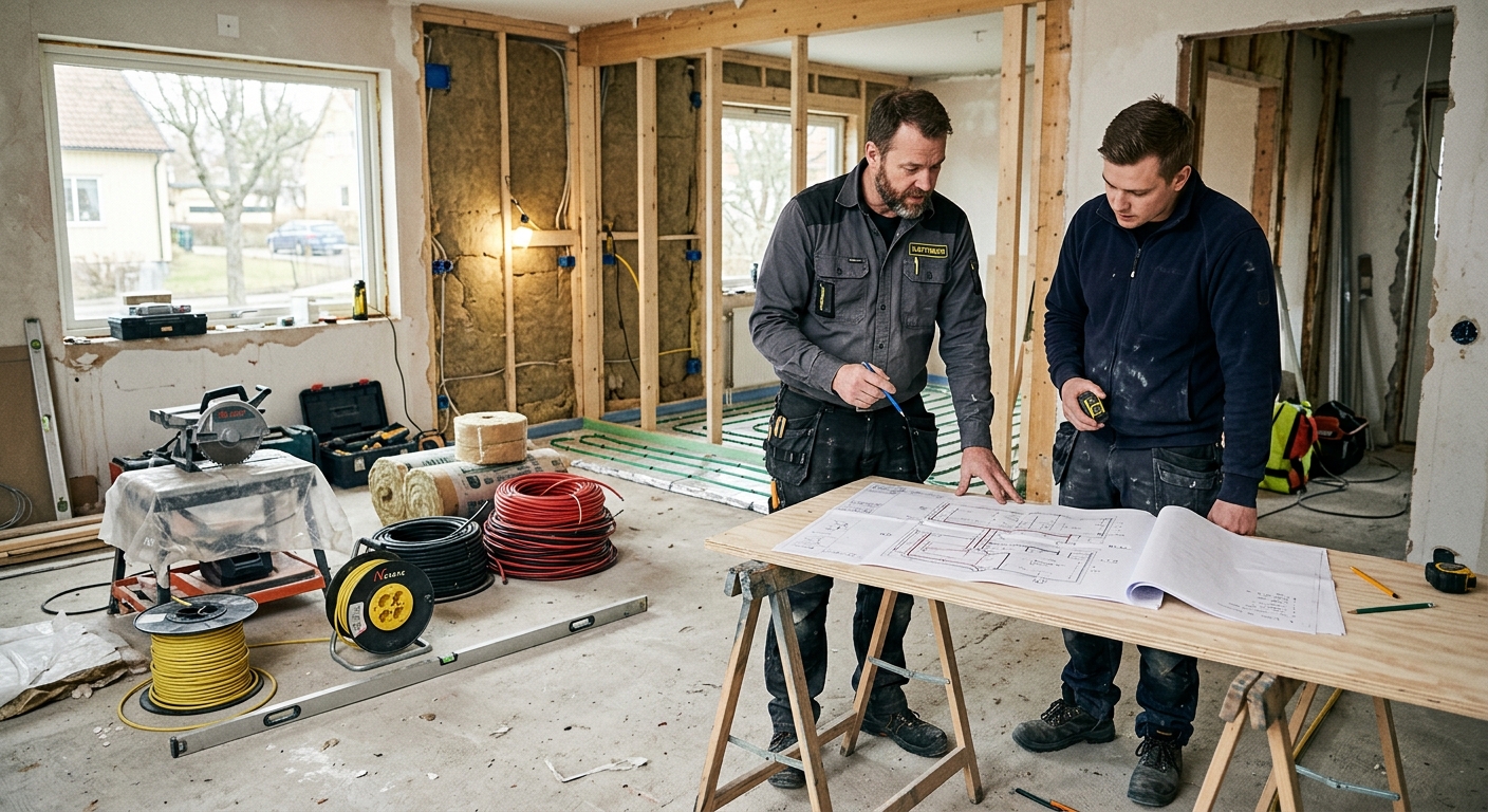 Elektriker och golvläggare går igenom ritning för golvvärmeinstallation