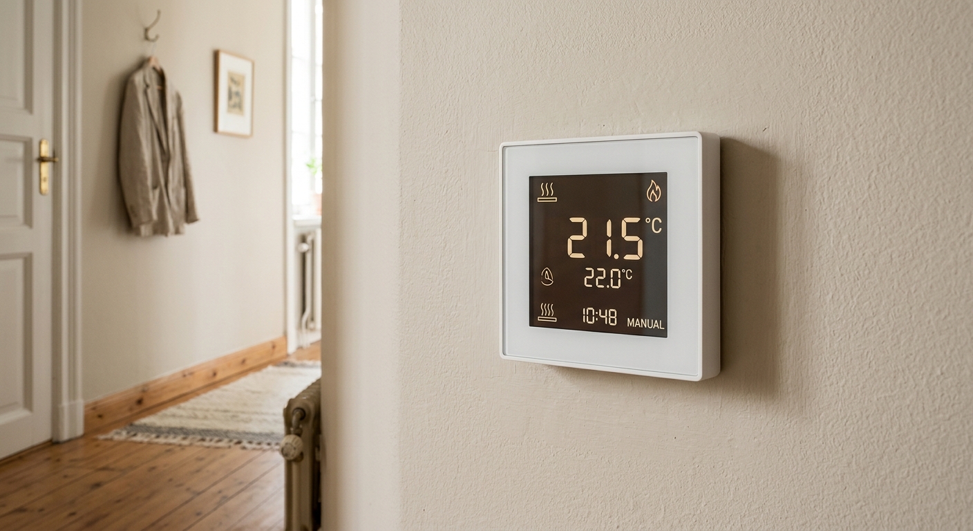 Digital termostat för elektrisk golvvärme i en modern hall