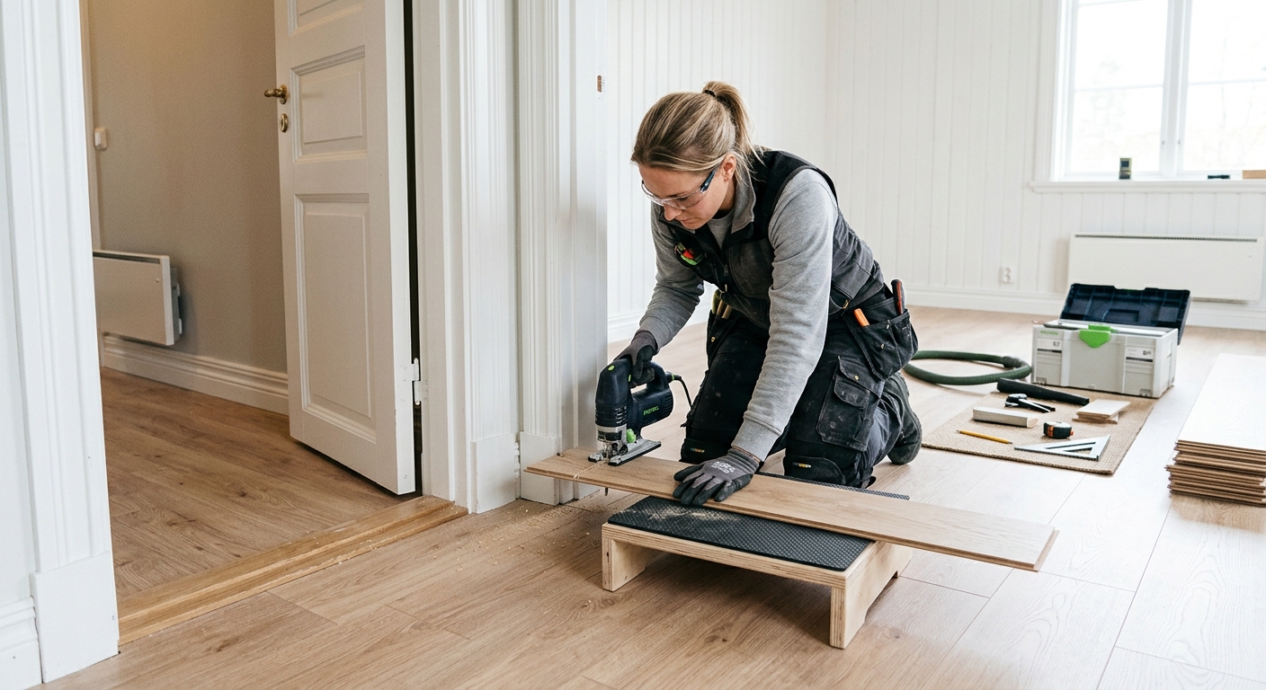 Golvläggare kapar laminatbräda för exakt passning vid dörrkarm