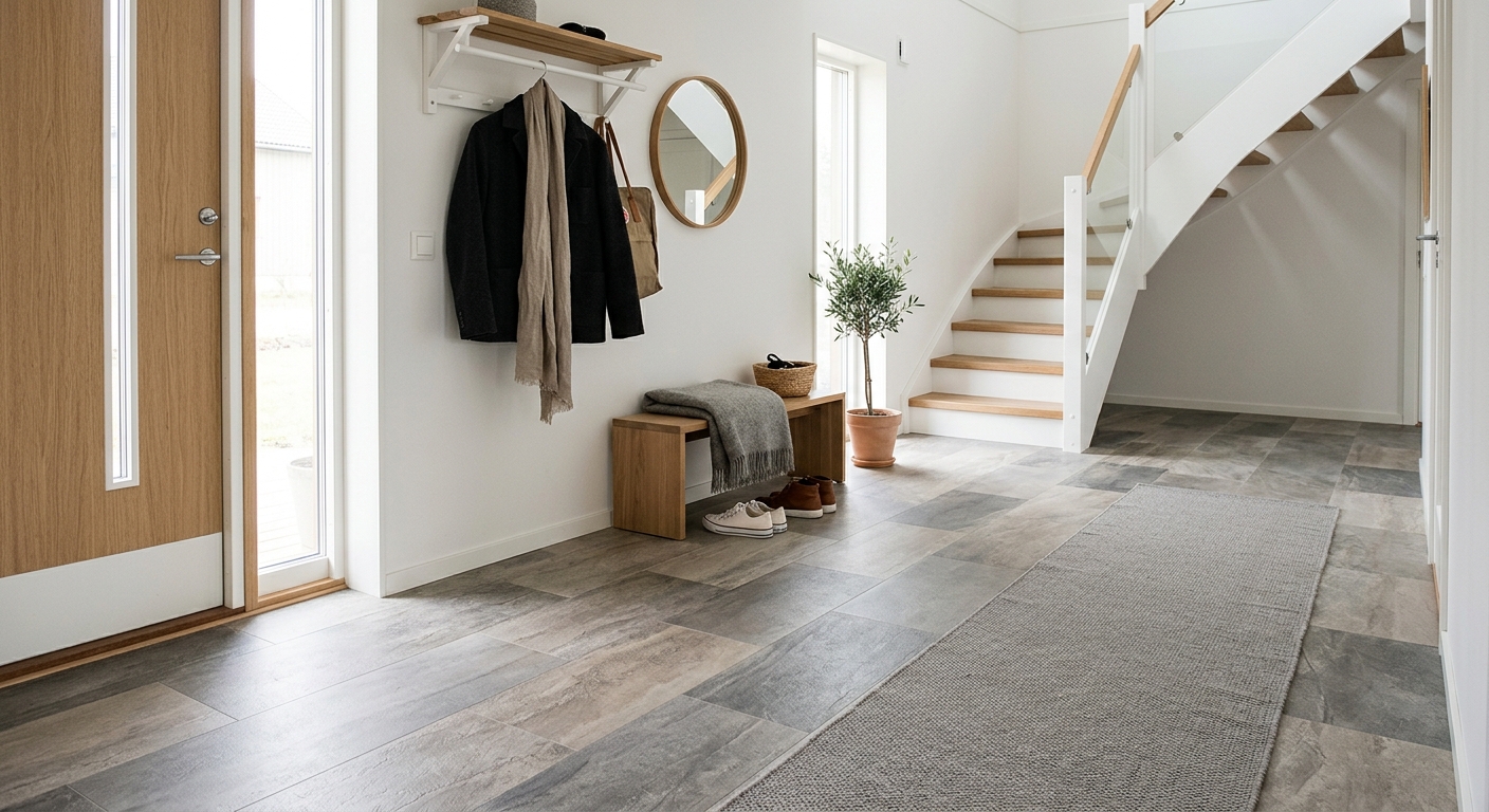Limmade vinylplattor i modern hall