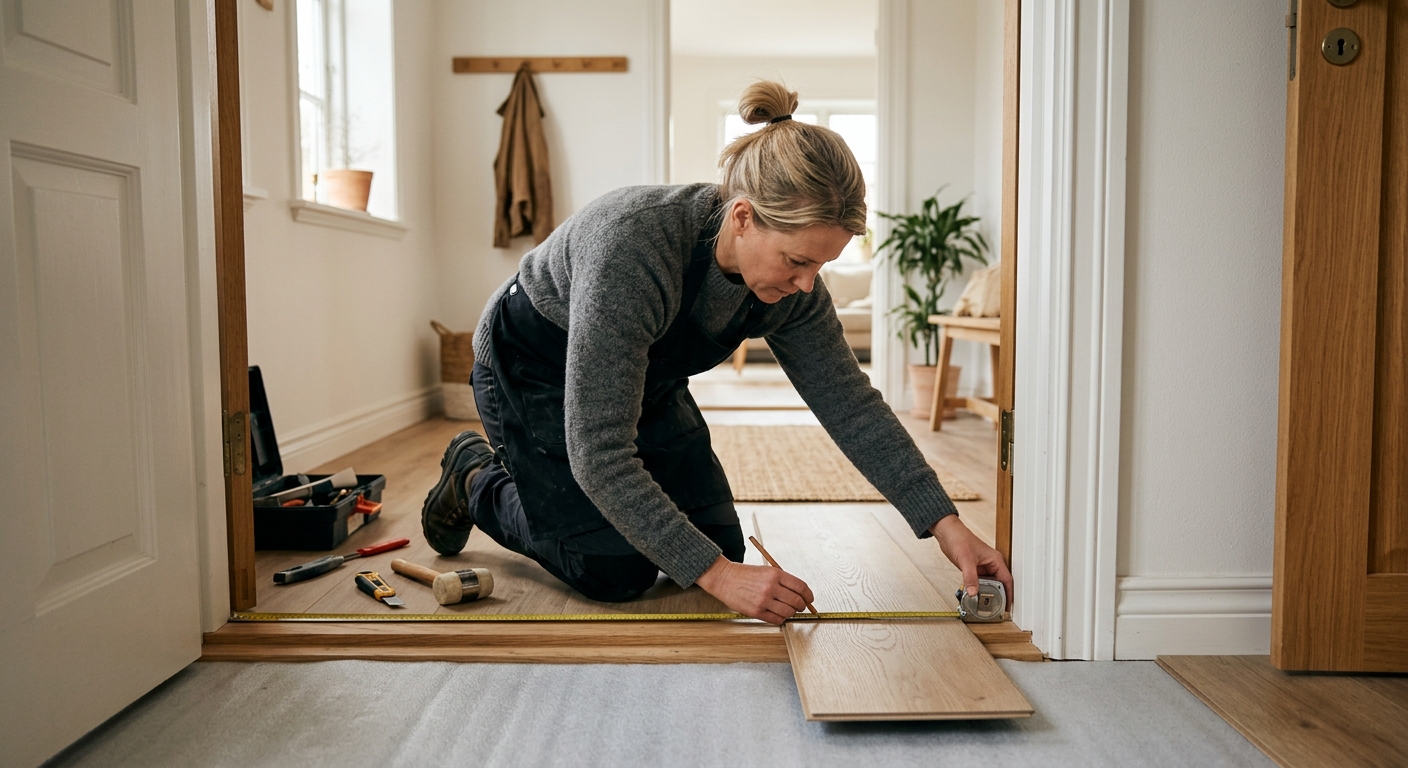 Golvläggare mäter upp vinylgolv och markerar vid en dörröppning