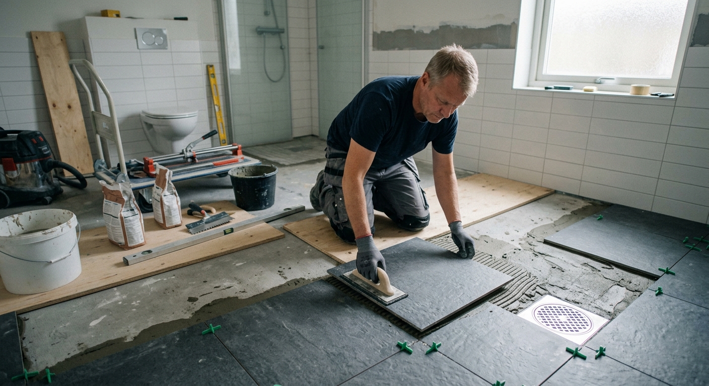Plattsättare lägger klinker på ett förberett badrumsgolv med golvbrunn