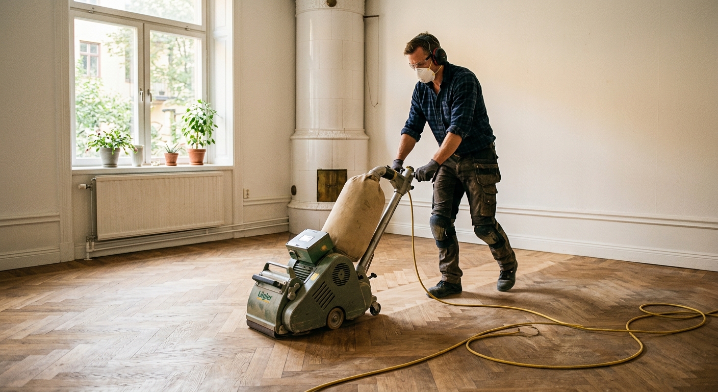 Professionell golvslipning av parkett med golvslipmaskin