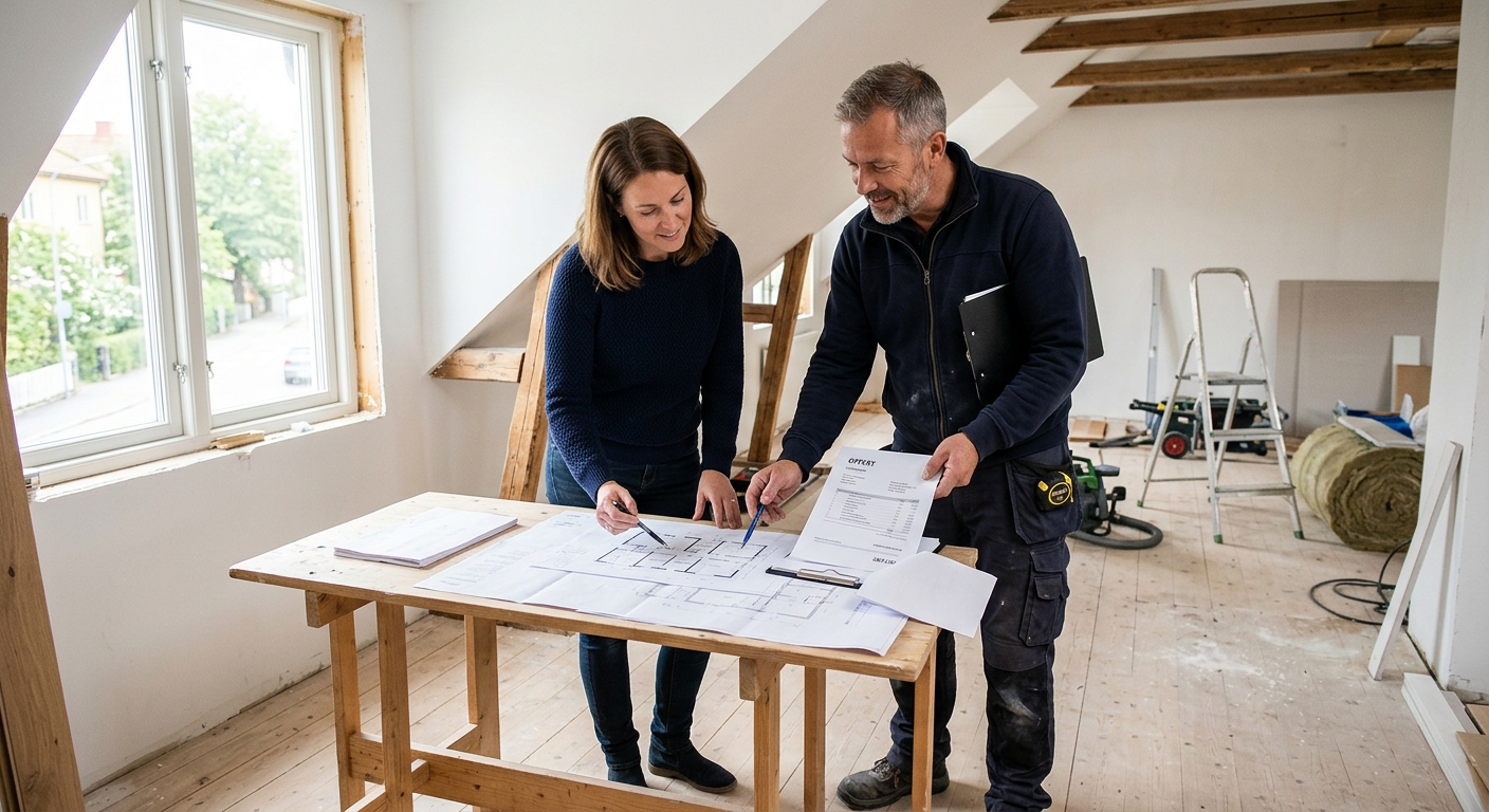 Husägare och golvfackman går igenom offert och ritning i ett renoveringsrum