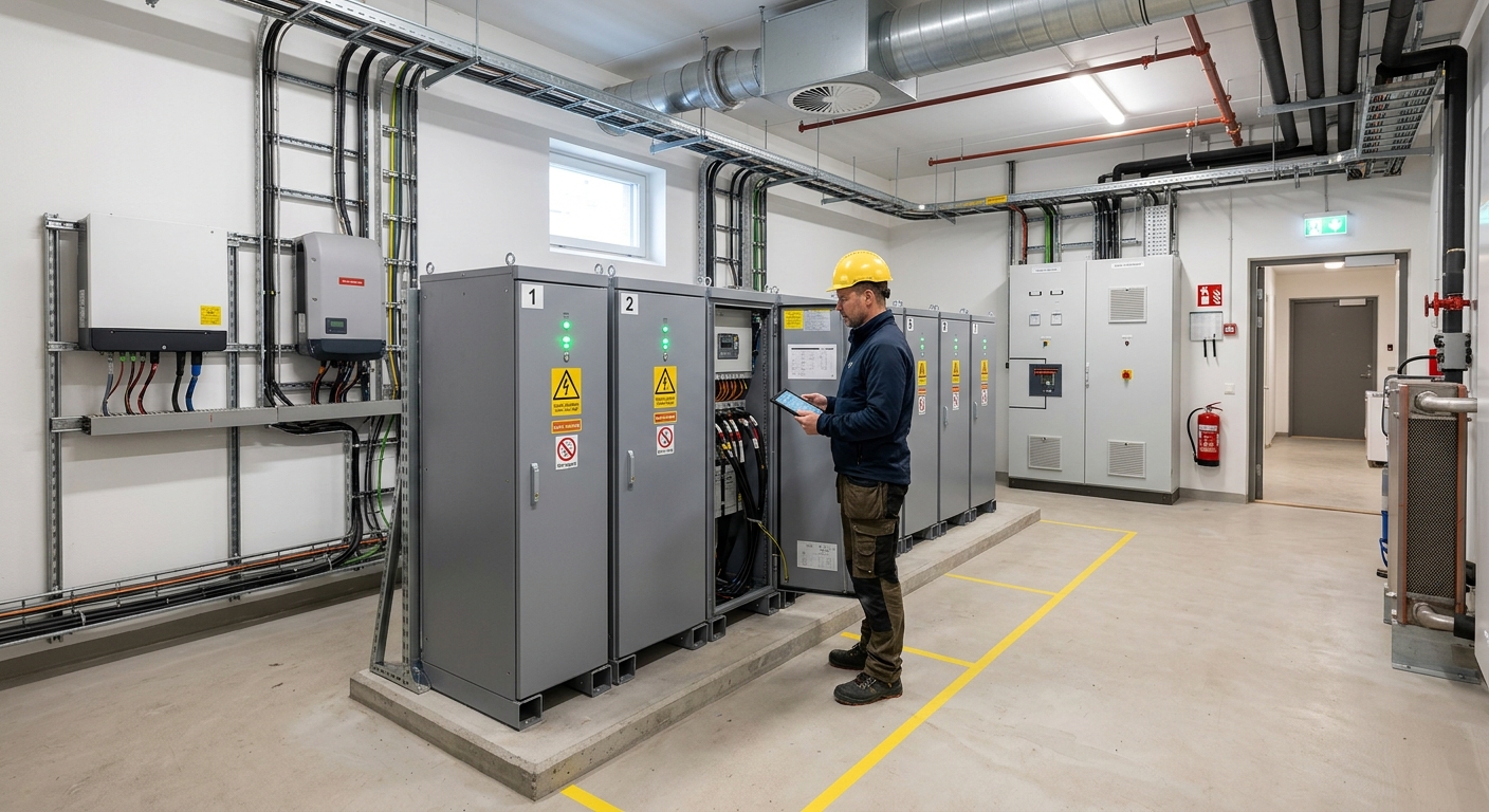 Säker batteriinstallation i ett ventilerat teknikrum i flerbostadshus
