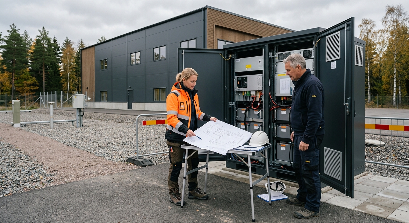 Teknisk genomgång av batterilager i ett utomhusskåp vid företagsfastighet