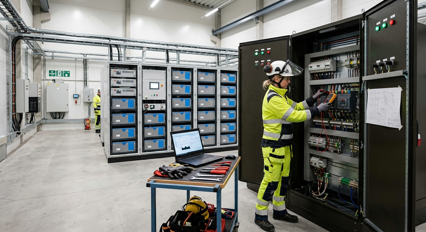 Företagsfastighet med batterilager och elektriker vid ställverk