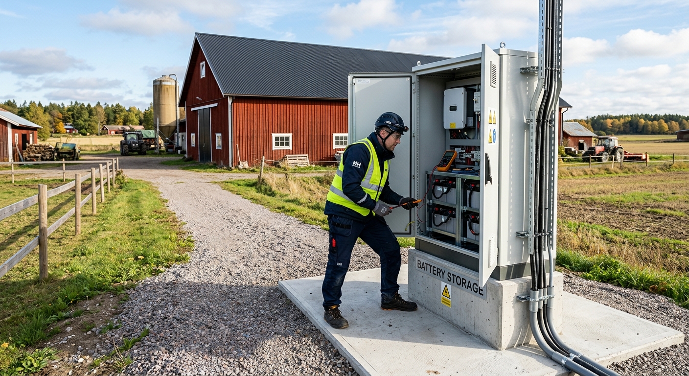 Tekniker inspekterar ett fristående batterilager vid en lantbruksbyggnad