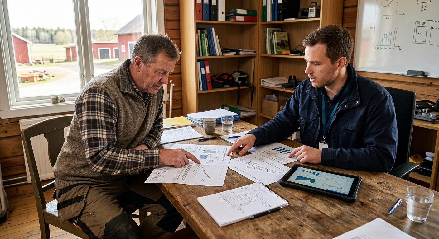 Lantbrukare och energitekniker jämför tekniska offerter vid ett arbetsbord