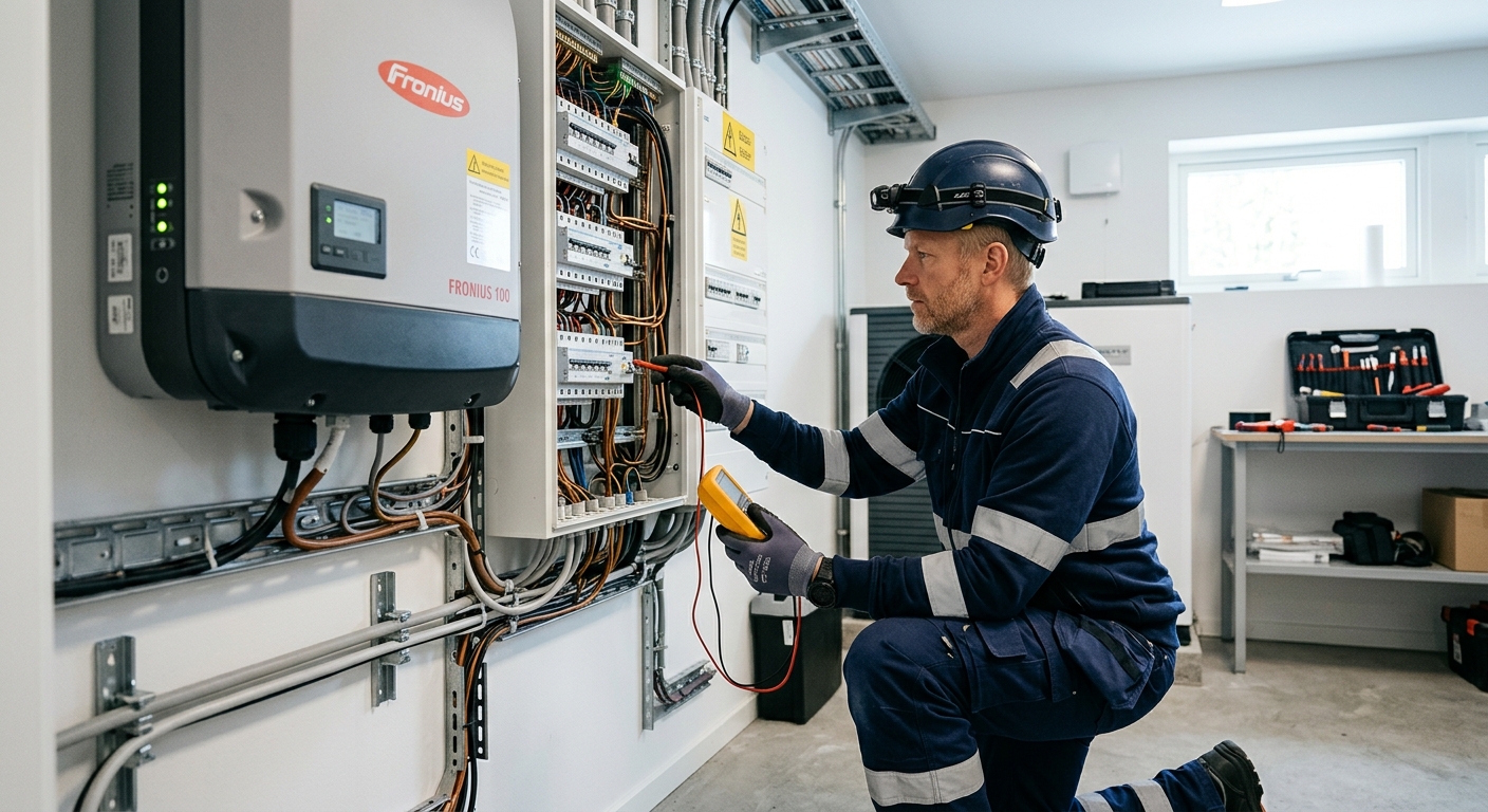 Elektriker kontrollerar växelriktare och elcentral inför installation av solcellsbatteri