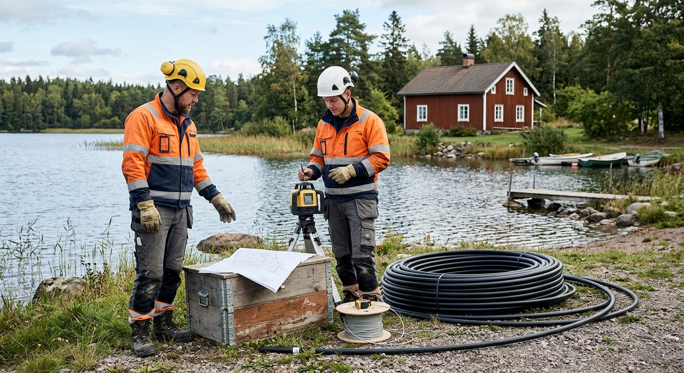 Installatörer planerar förläggning av kollektorslang vid en svensk sjöstrand