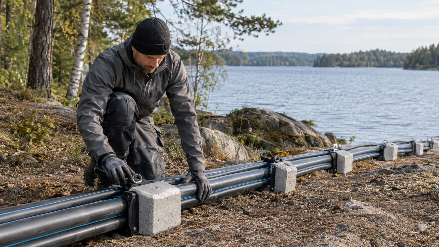Installatör som kontrollerar en svart kollektorslang med tyngder vid en svensk sjöstrand.