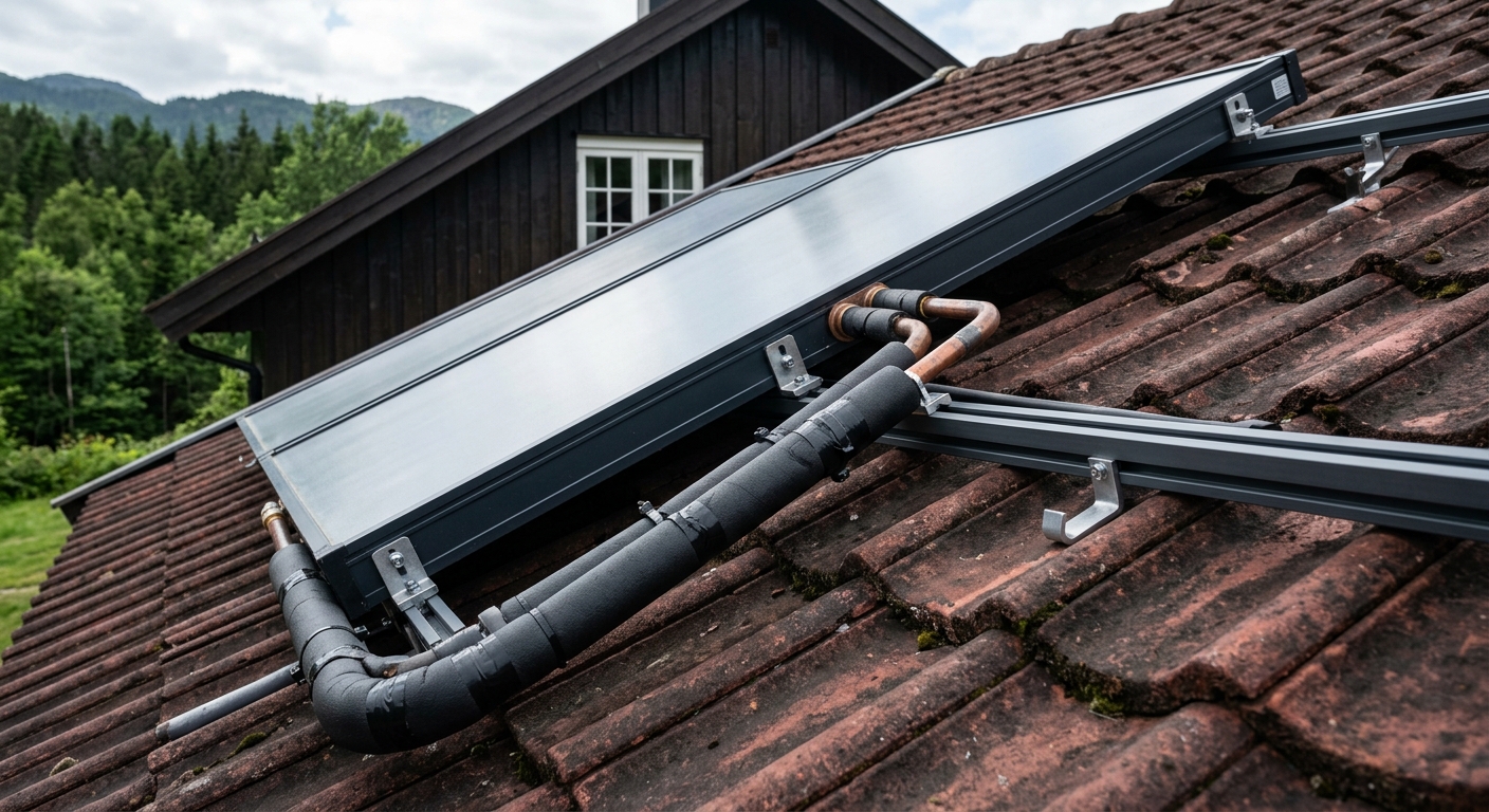 Närbild av solfångare med röranslutningar på tak