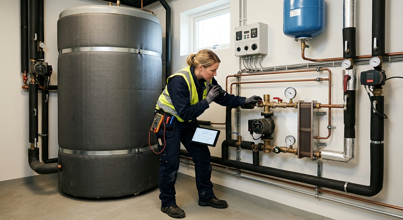 Installatör kontrollerar solvärmerör vid ackumulatortank