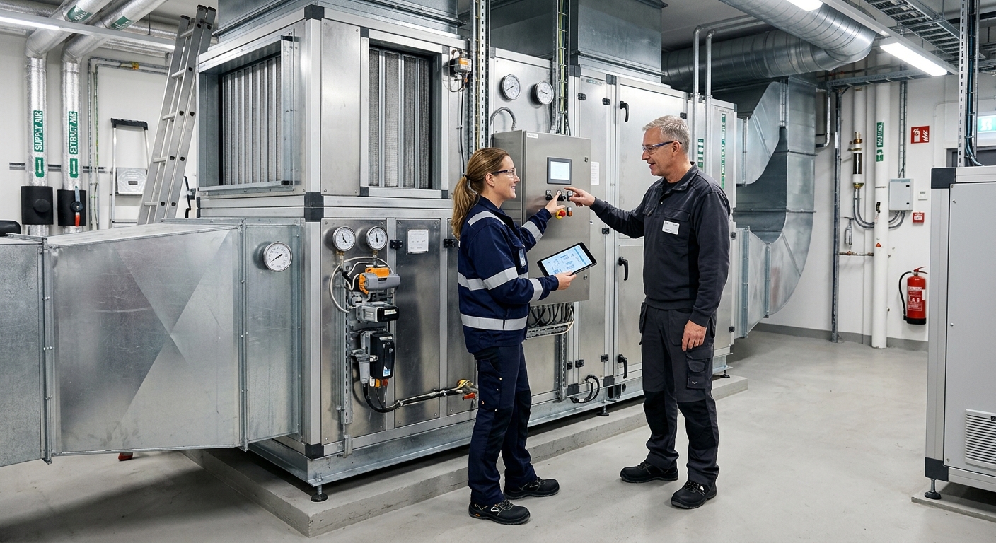 Energikonsult och driftansvarig granskar ventilationsaggregat