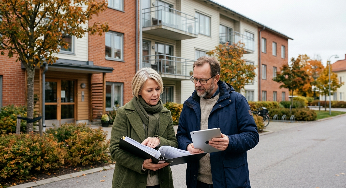 Två BRF-styrelseledamöter granskar fastighetsunderlag utanför flerbostadshus