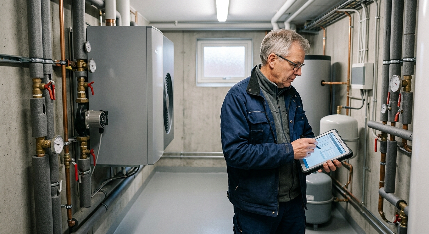 Certifierad energiexpert inspekterar värmesystem i ett teknikutrymme