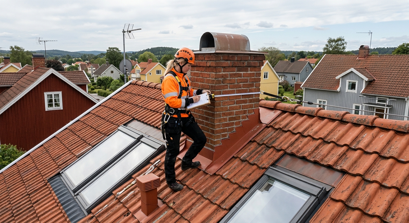 Montör som bedömer ett villataks yta inför installation av solceller