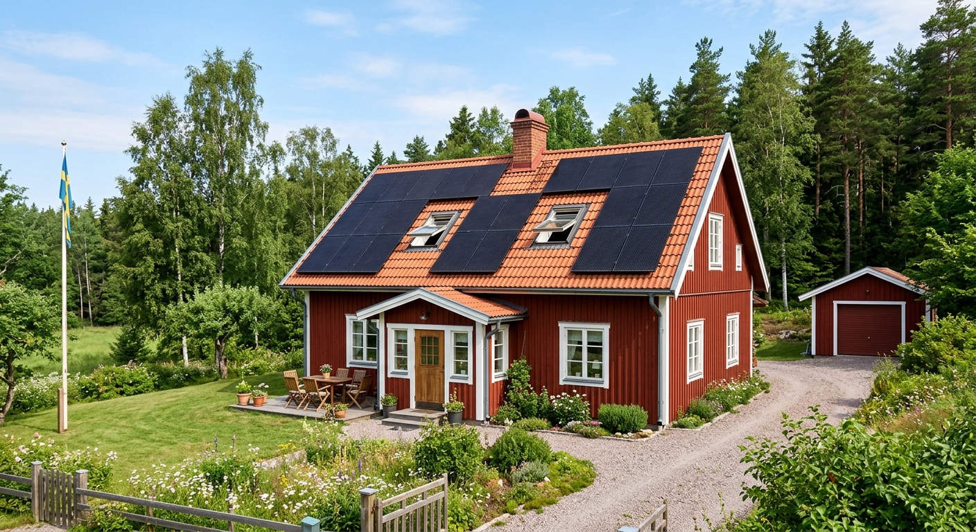 Solpaneler monterade på ett sydvänt tegeltak