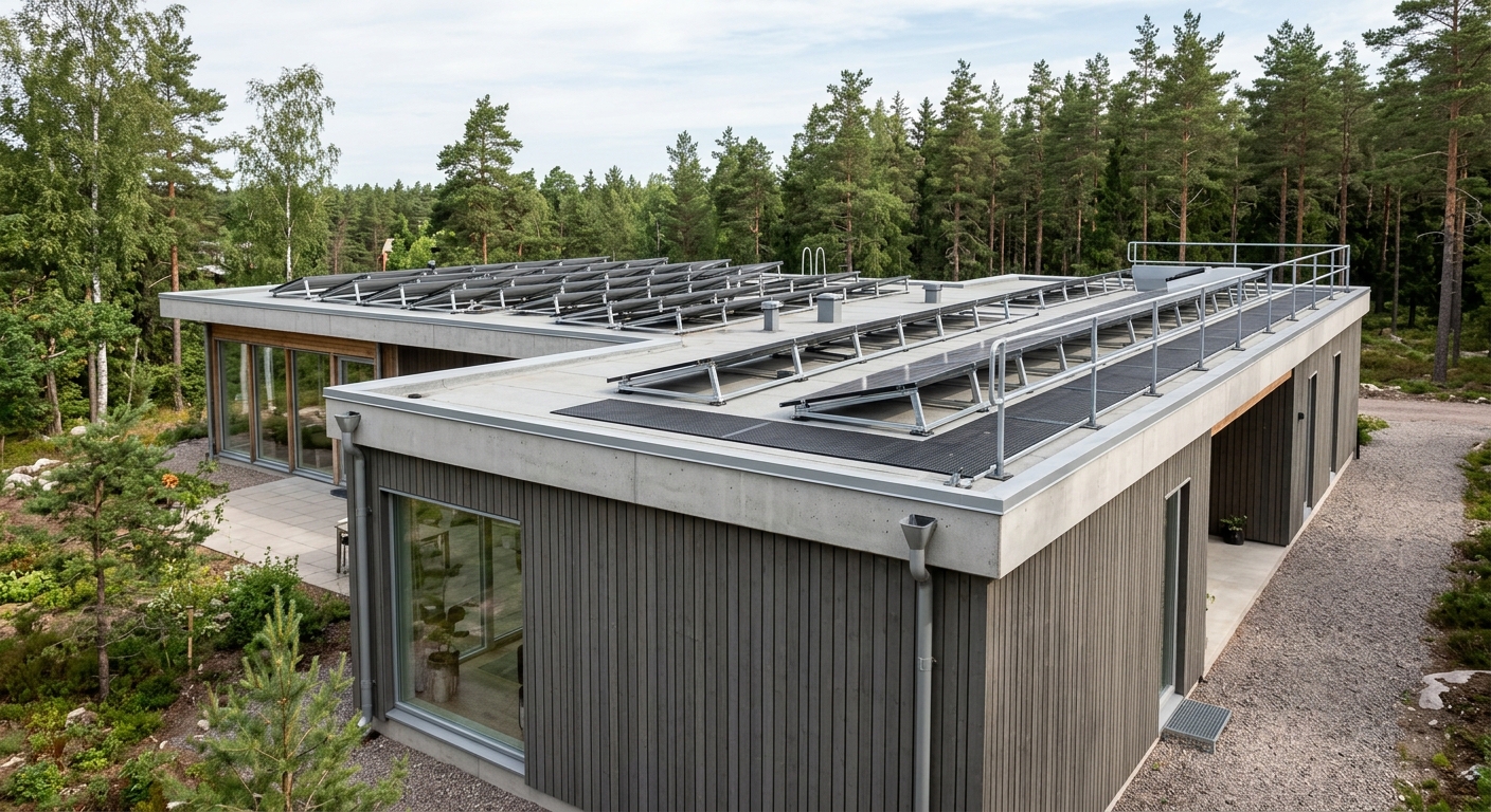 Uppvinklade solpaneler på ett platt tak