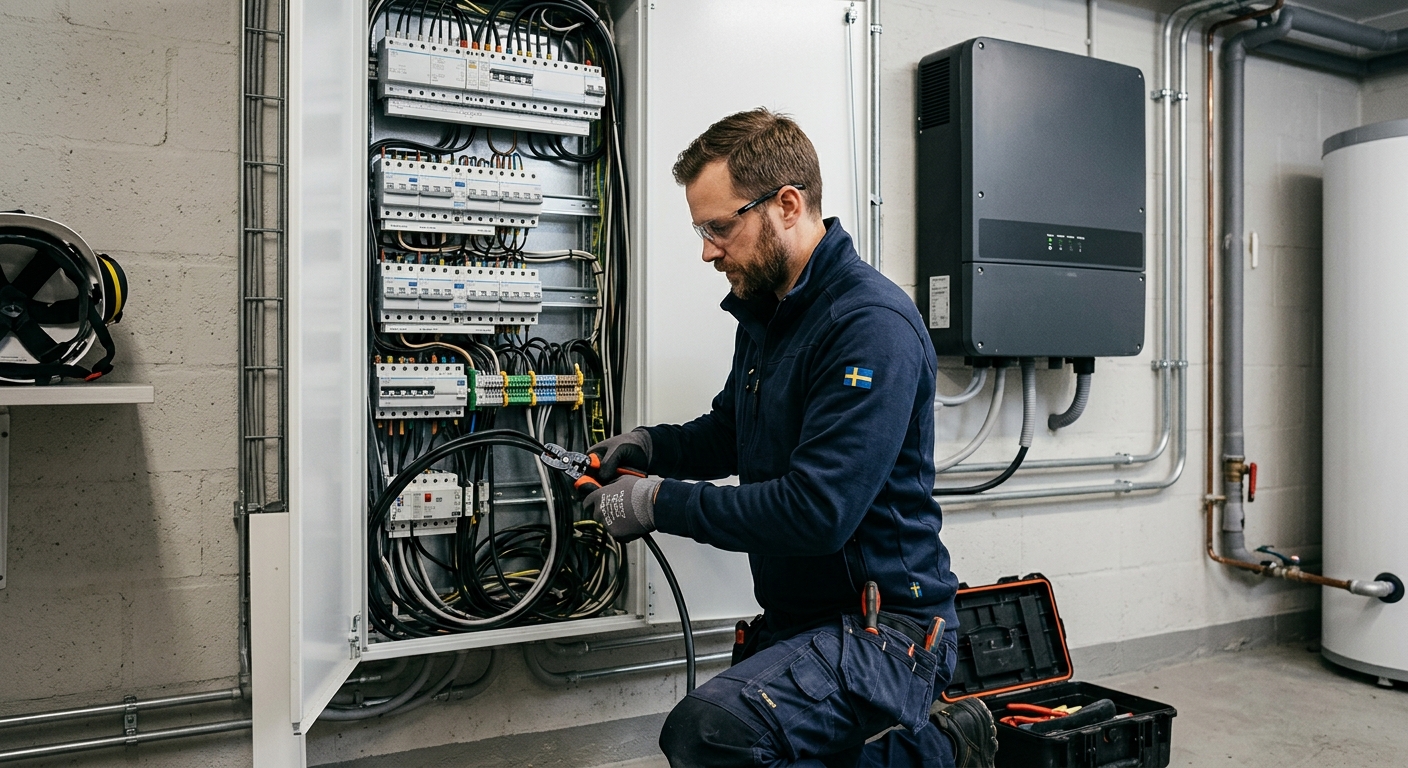 Elektriker ansluter växelriktare i teknikrum för solcellsanläggning