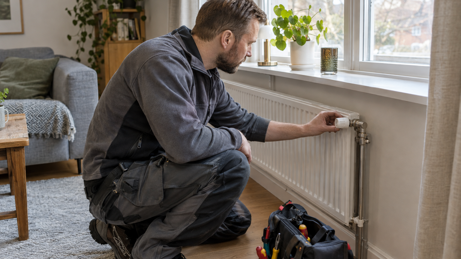 VVS-tekniker undersöker en radiatorventil under ett fönster i en villa.