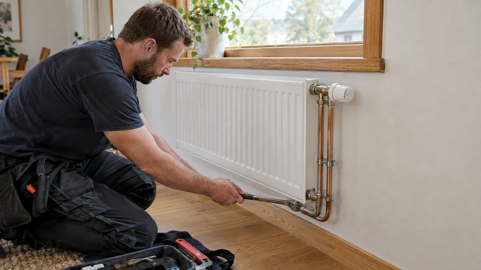 Vattenburen radiator under ett fönster med synliga värmerör längs väggen i en villa.