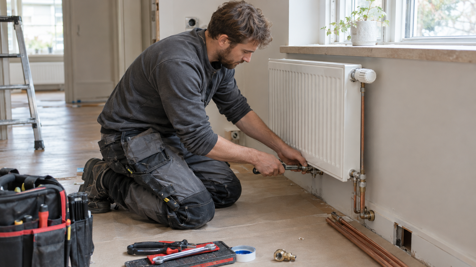 Installatör som monterar anslutningsrör vid en vattenburen radiator i ett svenskt hus.