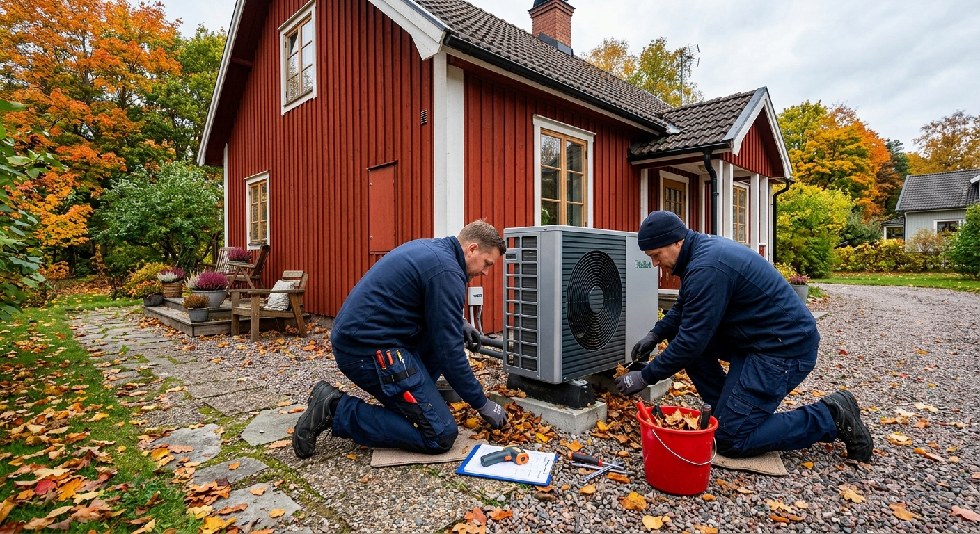 Värmepumpstekniker kontrollerar och rengör området runt en luftvärmepumps utedel