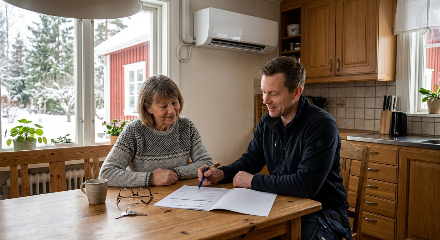 Husägare och värmepumpstekniker går igenom offert och serviceplan vid köksbord