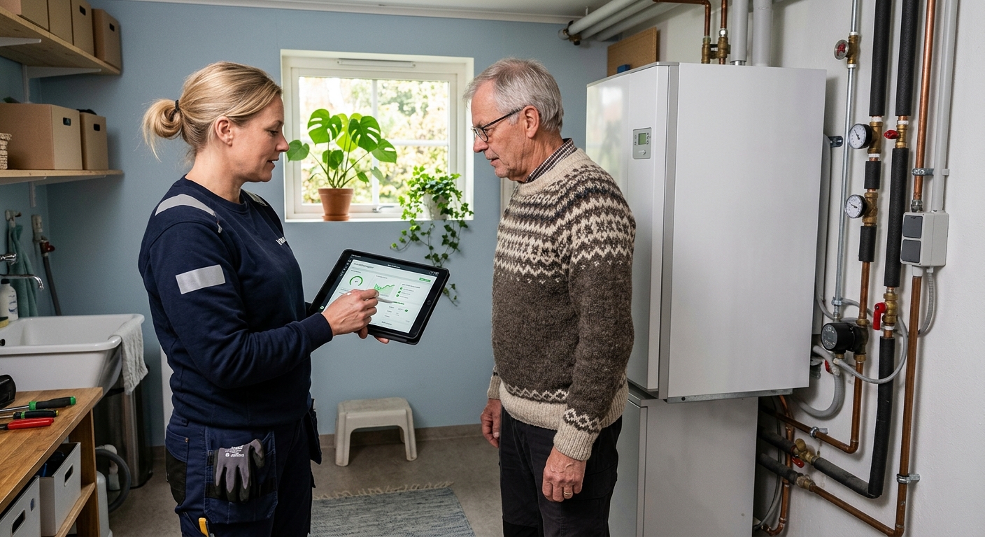 Servicetekniker och villaägare går igenom en digital servicerapport