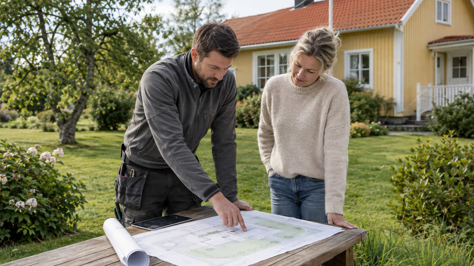 Installatör och villaägare granskar en tomtritning vid en gräsmatta med planteringar.