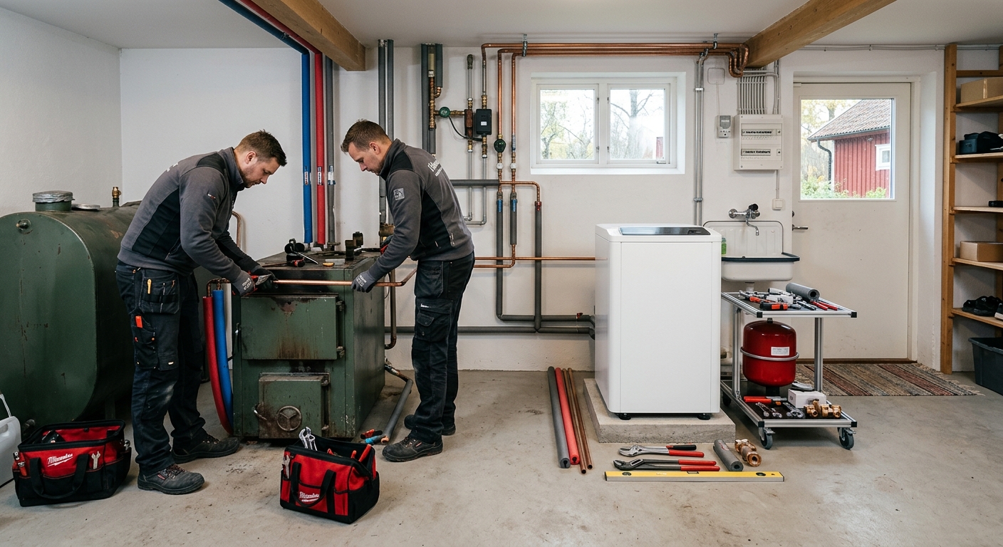 Tömt pannrum där oljepanna ska ersättas med en modern värmepump