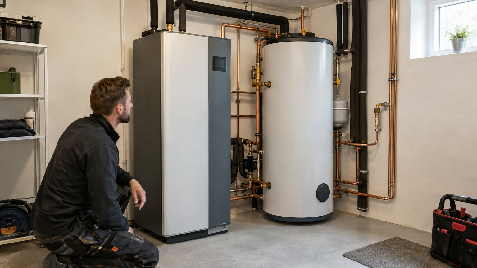 Modern värmepump med varmvattenberedare och anslutna värmerör i en villas pannrum.