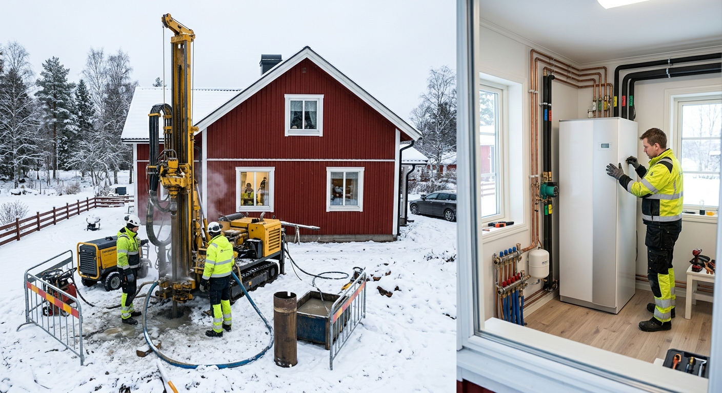 Bergvärmeinstallation vid villa med borrutrustning och värmepump i pannrum