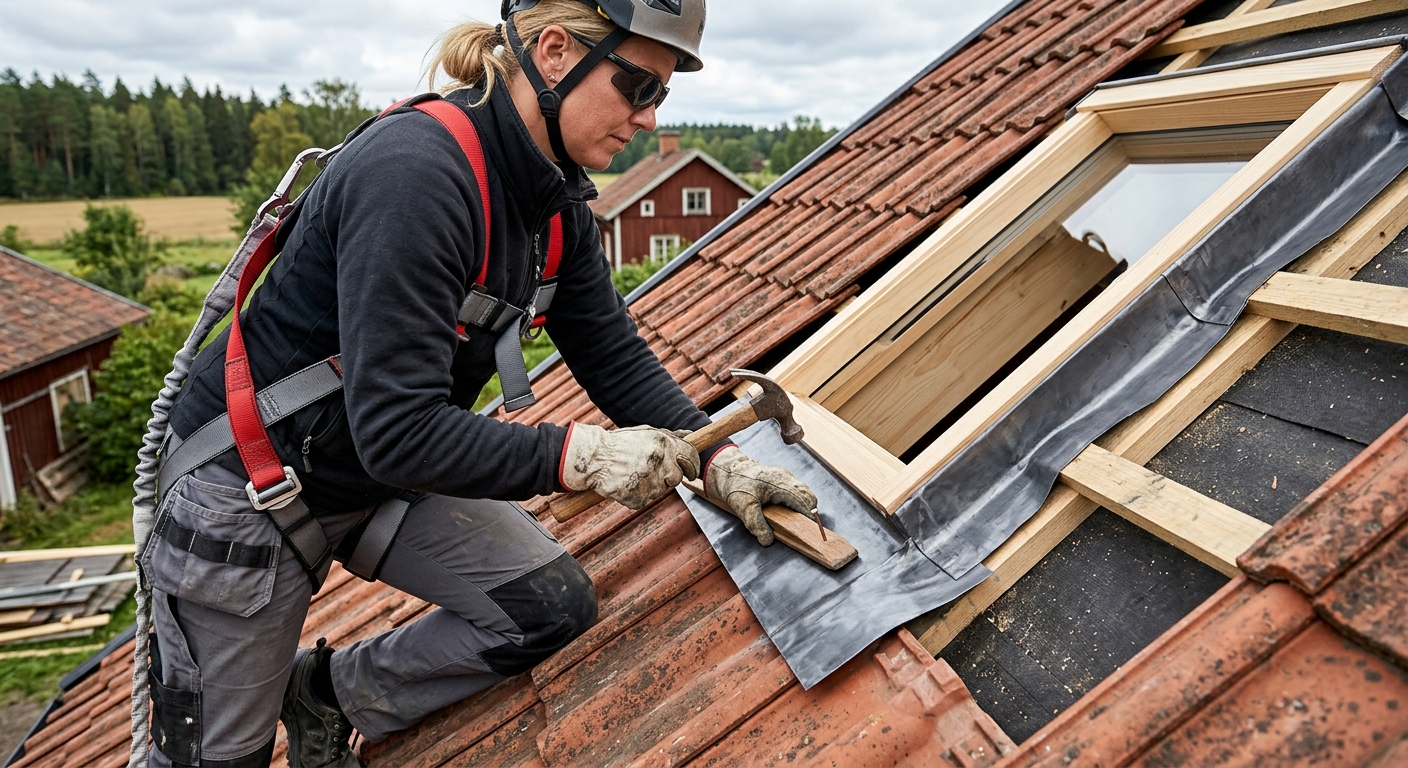 Takmontör arbetar med plåtdetaljer runt ett takfönster